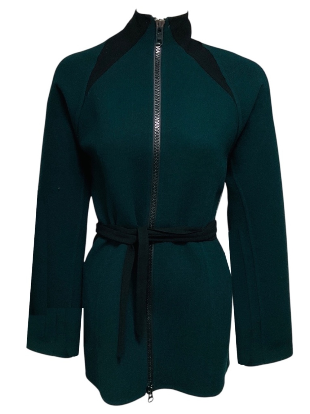Geoffrey Beene Vintage Dark Green / Black Zip Front Wool Gauze Jacket with Belt